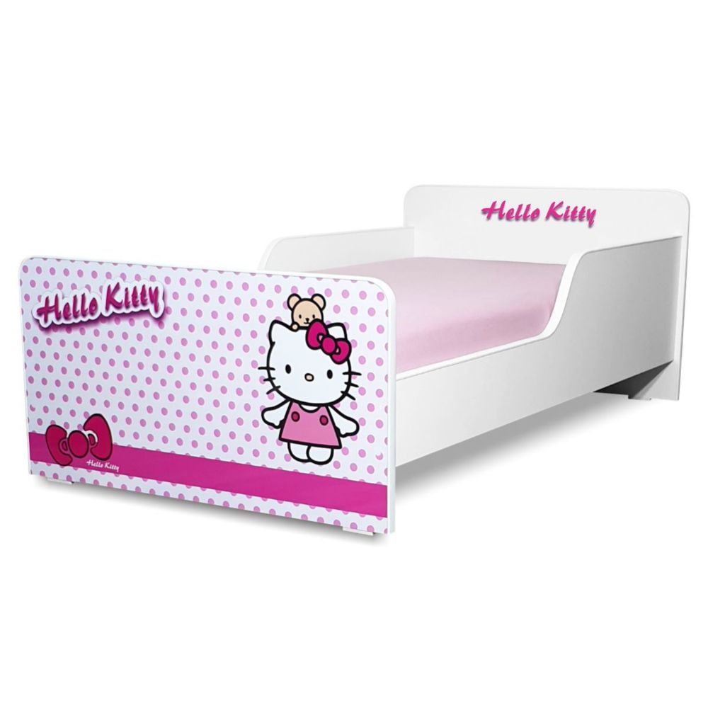 Pat copii Hello Kitty 2-8 ani + saltea 140x70x12 cm + husa impermeabila