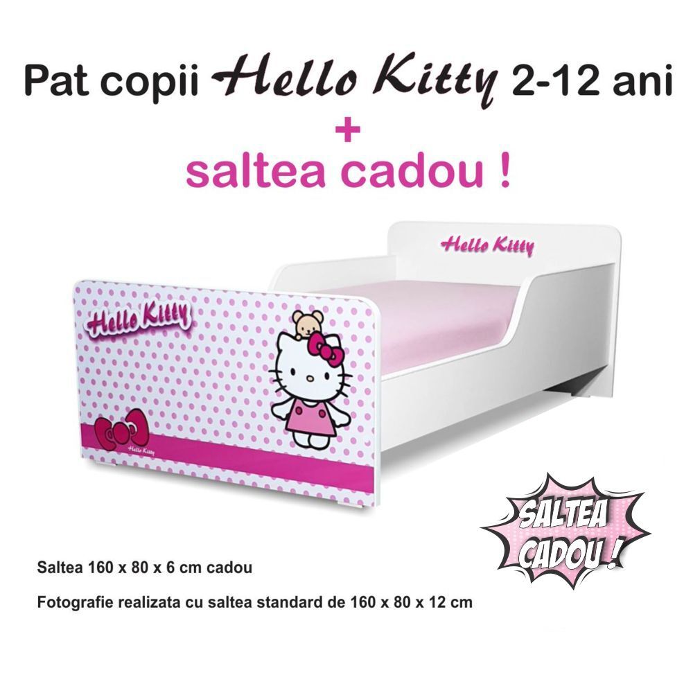 Pat copii Start Hello Kitty 2-12 ani cu saltea cadou