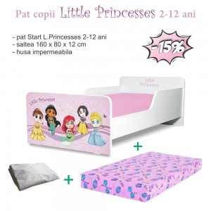 Pat copii little princesses 2-12 ani + saltea 160x80x12 cm + husa impermeabila
