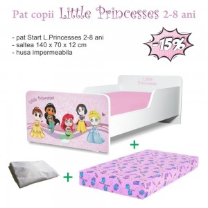 Pat copii little princesses 2-8 ani + saltea 140x70x12 cm + husa impermeabila