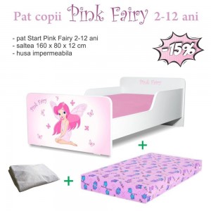 Pat copii Pink Fairy 2-12 ani + saltea 160x80x12 cm + husa impermeabila