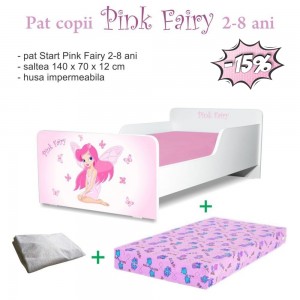 Pat copii Pink Fairy 2-8 ani + saltea 140x70x12 cm + husa impermeabila