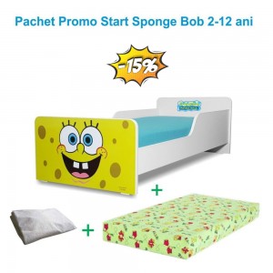 Pat Start Sponge Bob 2-12 ani + saltea 160x80x12 cm + husa impermeabila