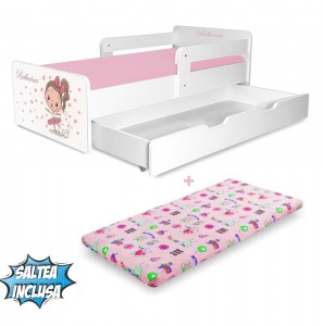 Pat copii Balerina P2 2-8 ani cu saltea cadou, sertar si 2 protectii laterale detasabile