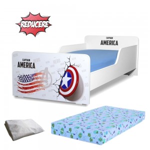 Pat copii Captain America 2-12 ani + saltea 160x80x12 cm + husa impermeabila