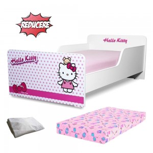 Pat copii Hello Kitty 2-12 ani + saltea 160x80x12 cm + husa impermeabila