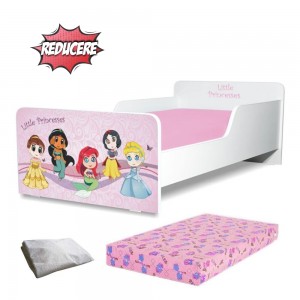 Pat copii little princesses 2-12 ani + saltea 160x80x12 cm + husa impermeabila