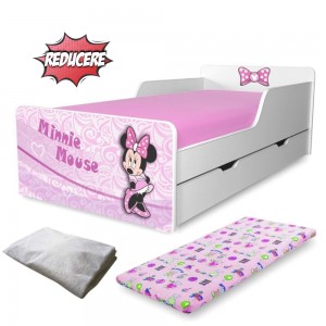 Pat copii Minnie 2-12 ani cu sertar, saltea Lux si husa impermeabila