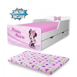 Pat copii Minnie 2-12 ani cu sertar si saltea lana inclusa