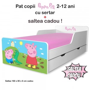 Pat copii Peppa Pig 2-12 ani cu sertar si saltea cadou