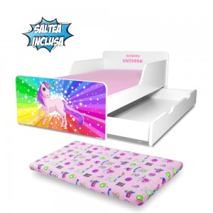 Pat copii Rainbow Unicorn 2-12 ani cu sertar si saltea inclusa