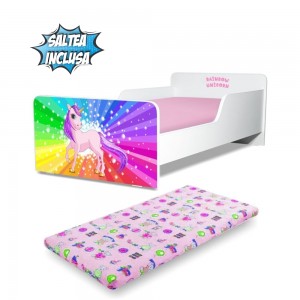 Pat copii Rainbow Unicorn 2-8 ani cu saltea inclusa