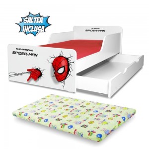 Pat copii Spiderman 2-12 ani cu sertar si saltea cadou