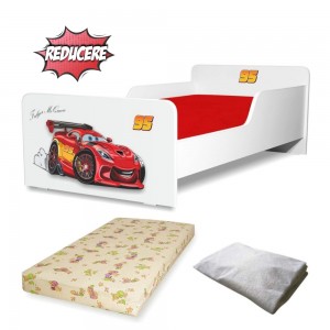 Pat Start Fulger McQueen 2-12 ani + saltea 160x80x12 cm + husa impermeabila