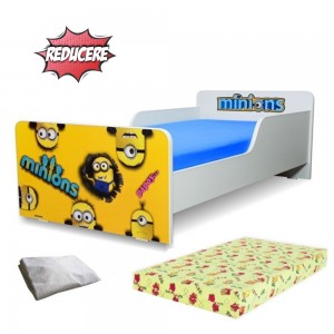 Pat Start Minions 2-12 ani + saltea 160x80x12 cm + husa impermeabila