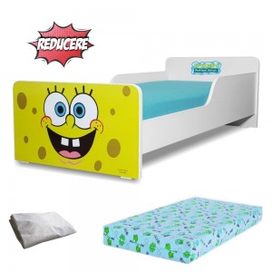 Pat Start Sponge Bob 2-12 ani + saltea 160x80x12 cm + husa impermeabila