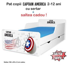 Pat copii Captain America 2-12 ani cu sertar si saltea cadou
