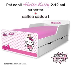 Pat copii Hello Kitty 2-12 ani cu sertar si saltea cadou