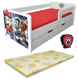Pat copii Paw Patrol Marshall P1L 2-8 ani cu sertar, paravane detasabile + saltea + Lampa veghe