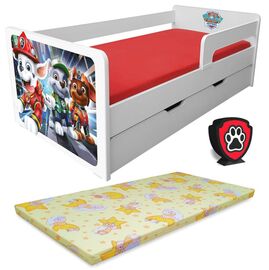 Pat copii Paw Patrol Marshall P1L 2-8 ani cu sertar, paravane detasabile + saltea + Lampa cadou