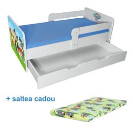 Pat copii Paw Patrol P2 2-12 ani cu sertar, 2 protectii laterale detasabile si saltea cadou