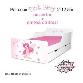 Pat copii Pink Fairy 2-12 ani cu sertar si saltea cadou