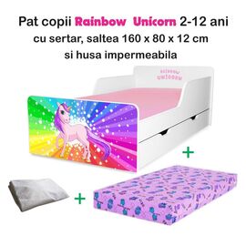 Pat copii Rainbow Unicorn 2-12 ani cu sertar, saltea si husa impermeabila