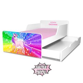 Pat copii Rainbow Unicorn 2-12 ani cu sertar si saltea cadou