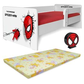 Pat copii Spiderman P1 2-12 ani cu saltea Basic, protectie laterala detasabila si lampa veghe