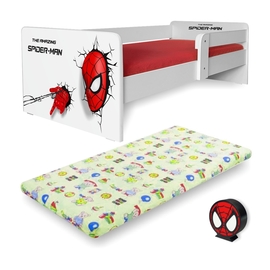 Pat copii Spiderman P1 2-12 ani cu saltea, protectie laterala detasabila si lampa veghe